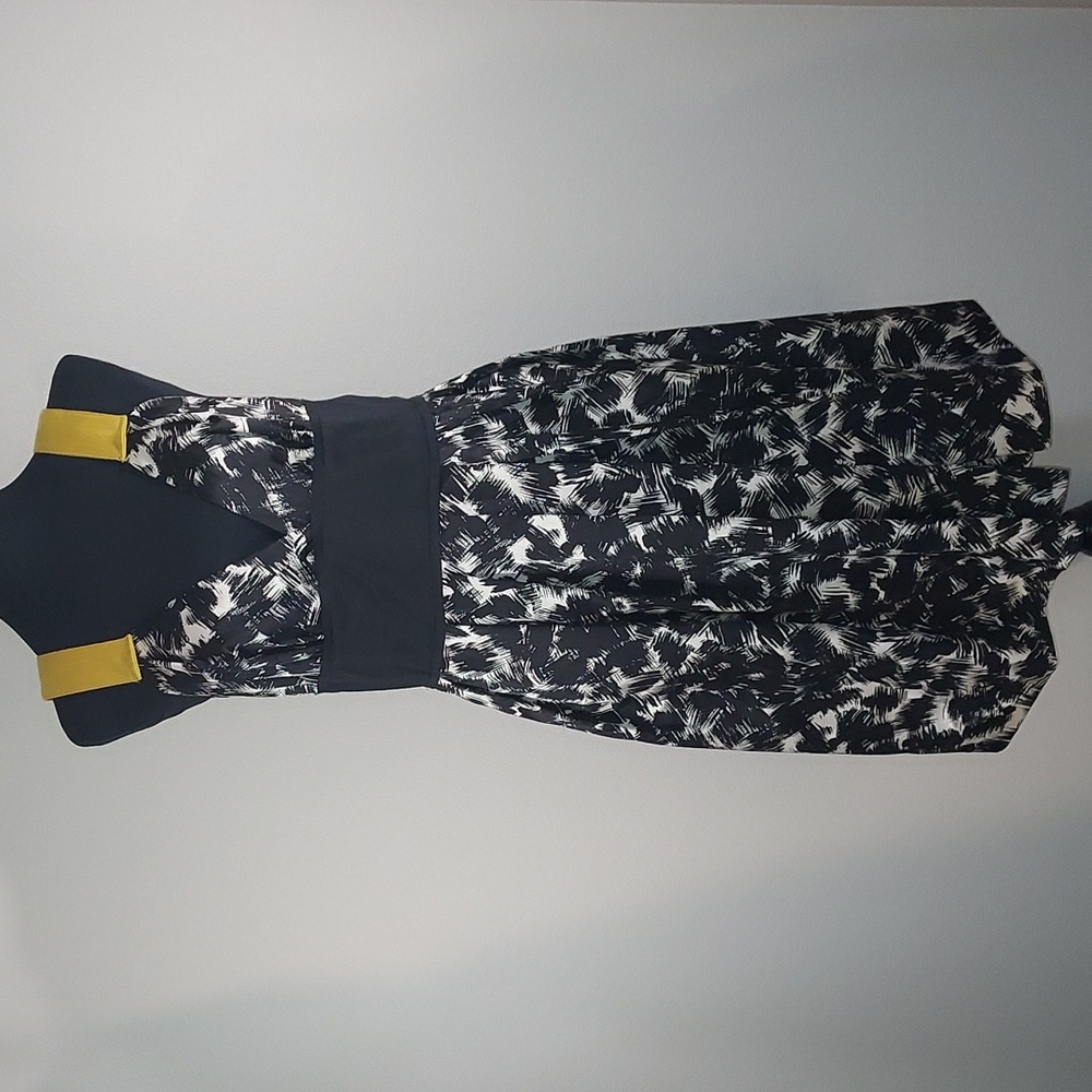 Robert Rodriguez Black White Silk Roti Yellow Strap V-Neck Pockets Dress Size 10